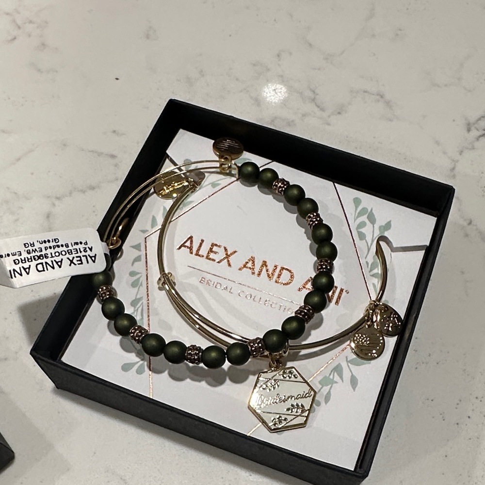Alex and Ani Dark Green and Gold Charm bridesmaids bracelet